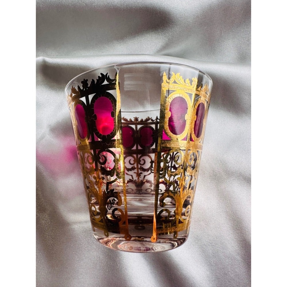 Culver Cranberry Scroll 22KT Gold Flared Rocks Whiskey Lowball Glasses 4 MCM - Picture 12 of 13